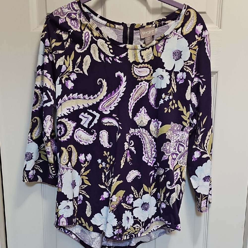 Chicos Women's Blouse with Purple and White Floral Paisley